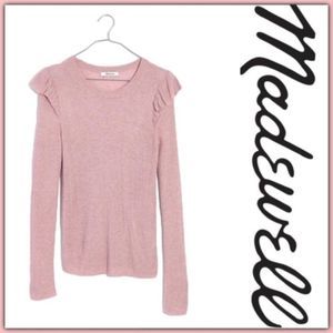 Madewell XL Ruffle Sleeve Pullover Sweater Knit Heather Pink Ribbed Lightweight